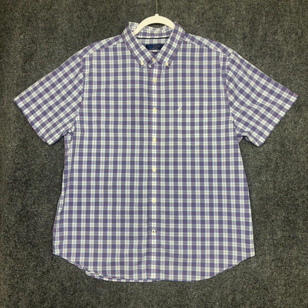 Nautica Navtech Button Down Shirt Mens XL Blue Plaid Short Sleeve W2502L Stretch